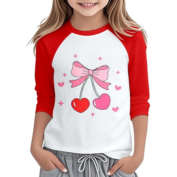 Byoo Cherry Printed T Shirt for Toddler Girl Soft Daily Full Sleeve Round Neck Tee Shirt Stretchy Pullover Top, Red