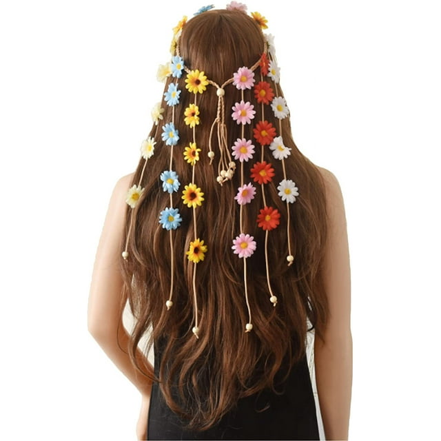 ZHAOCHENG Accesorios para el cabello Diadema con corona de margaritas, diadema bohemia para fiesta, diadema para padres e hijos, flores florales hippie, corona ajustable, borla para el cabello, acceso