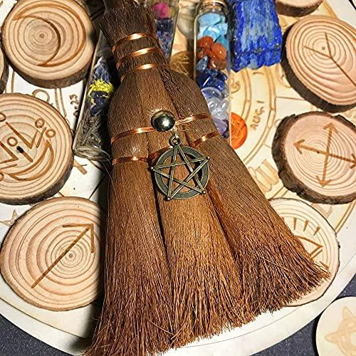 Handmade Mane Broomstick for Majic Ceremonial Wiccan Ritual Broom Citrine Crystal Witch Broom Wall Decor Miniature Pentagram Wicca Brush OKDOKEY Witch Altar Broom Wood Runes Set 