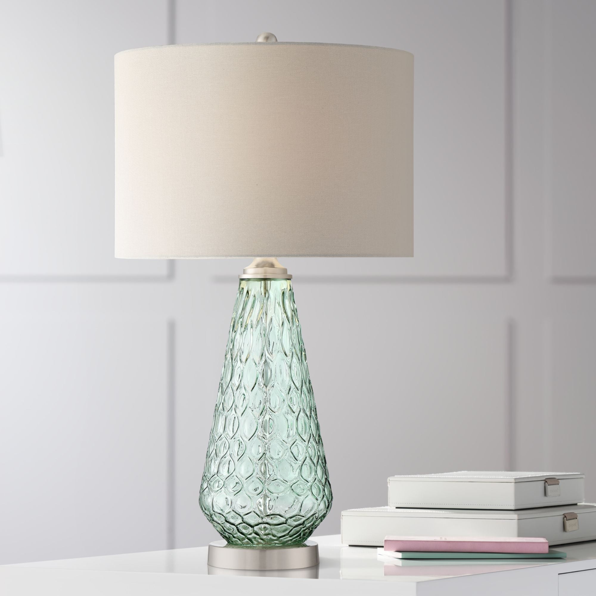 360 Lighting Modern Table Lamp 26.5" High Green Glass White Drum Shade