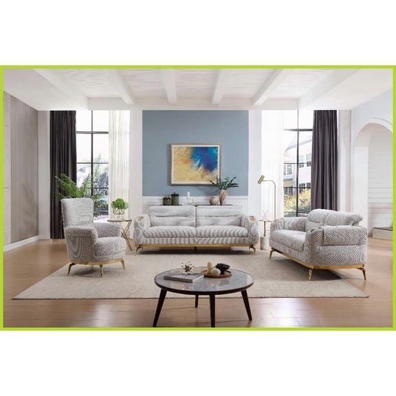 Zoe Modern Gray 3PC Living Room Set - Sofa Loveseat Chair with Cut Chenille Fabric & Gold Accents
