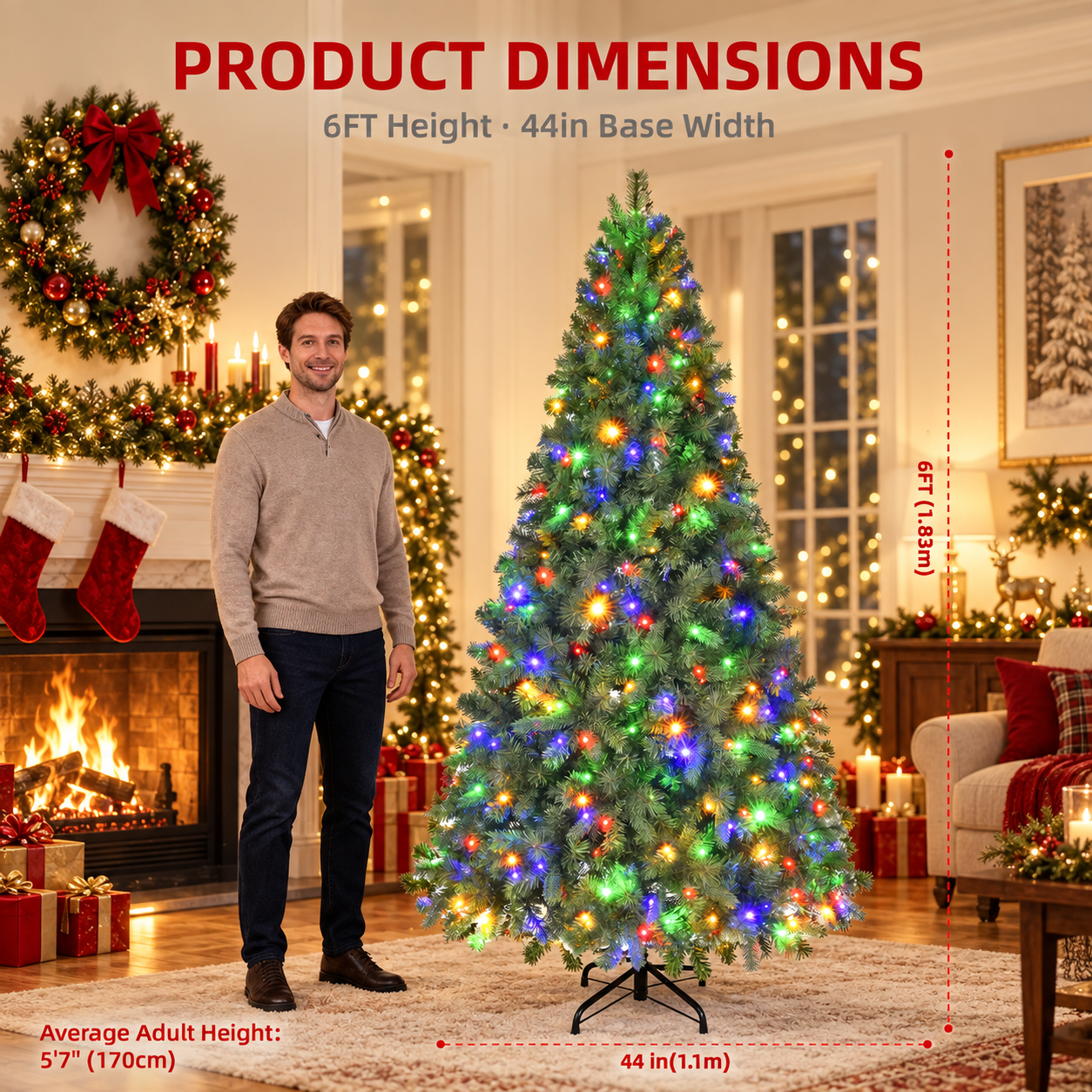 Fenbeli 6ft Pre-Lit Artificial Christmas Tree with 250 Multicolor LED Lights, 8 Lighting Modes, 1000 PVC Branch Tips and Metal Stand, Green