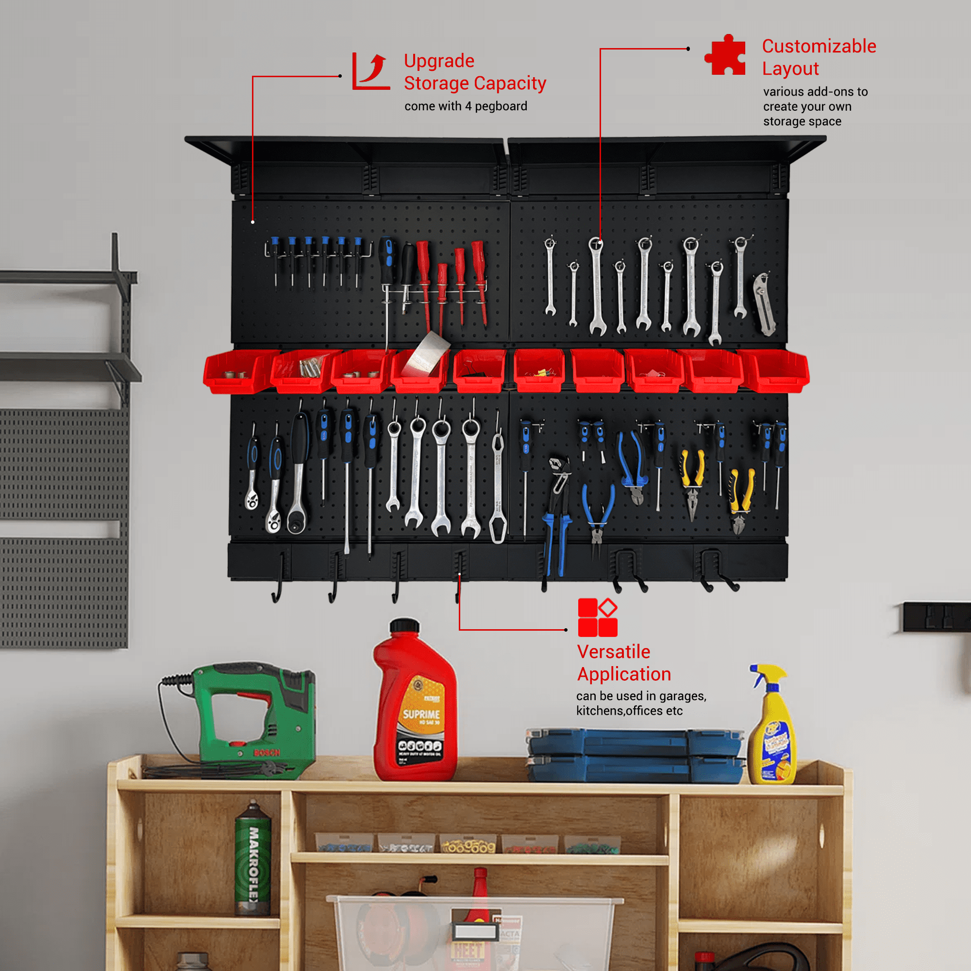 Pegboard Wall Organizer,48 x 36 inch Garage Storage Pegboard ,Metal Peg Board with Hooks & Storage Bins, Tool Panel Organizer
