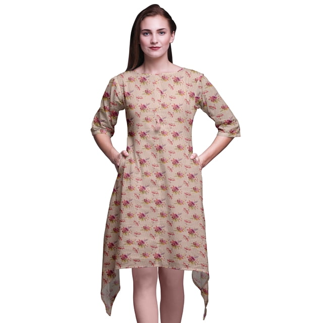 Bimba Kurti Asymétrique à Imprimé Floral Feuilles Roses et Camélias pour Femmes Robe d'Été Indienne Tunique Grande