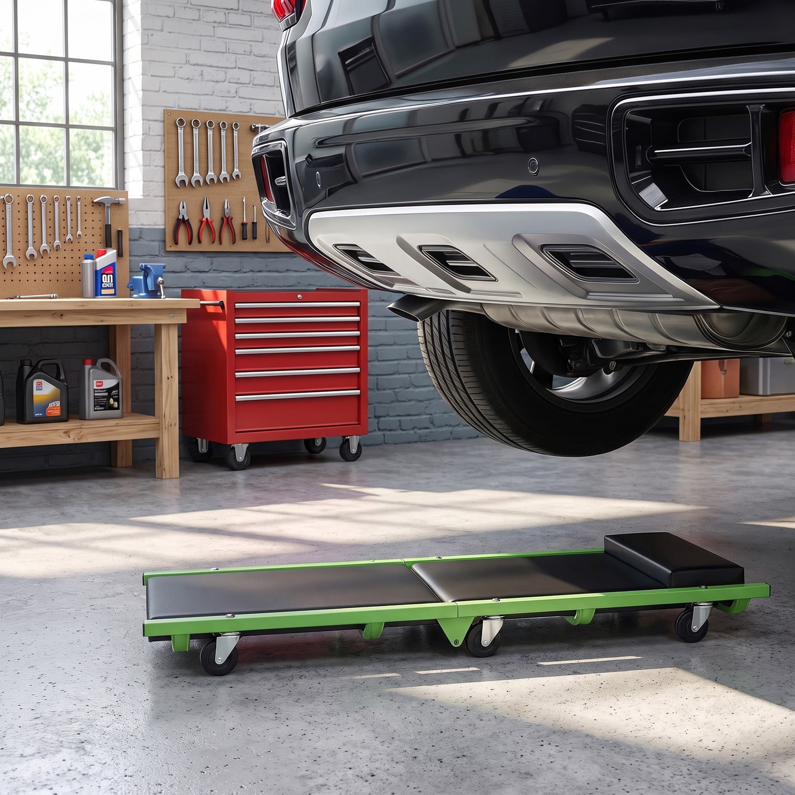 ALPULON Foldable Automotive Creeper with 360 Degree Swivel Wheels, 330 lbs Rolling Garage Creeper with Padded Headrest and PU Leather Cushion, Low Profile, Green