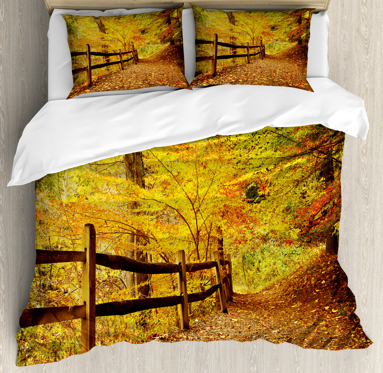 Landscape Duvet Cover Set, Autumn Season Fall Trees Leaves on Pathway