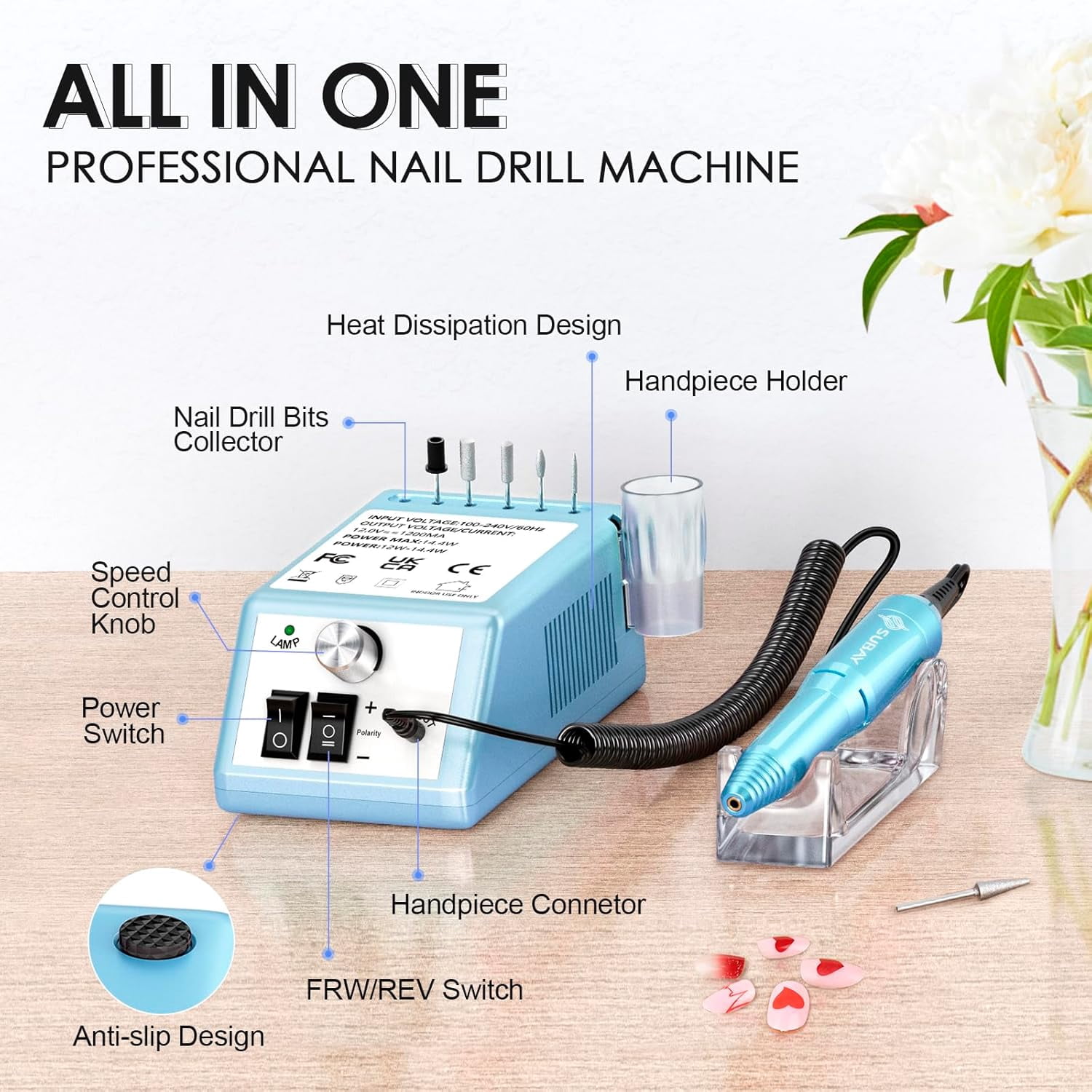 Electric Nail Drill Machine for Manicure Pedicure - 20000RPM Professional Nail File Kit with 1 Pack Sanding Bands - Low Noise Efile for Acrylic Nails - Home Salon Use