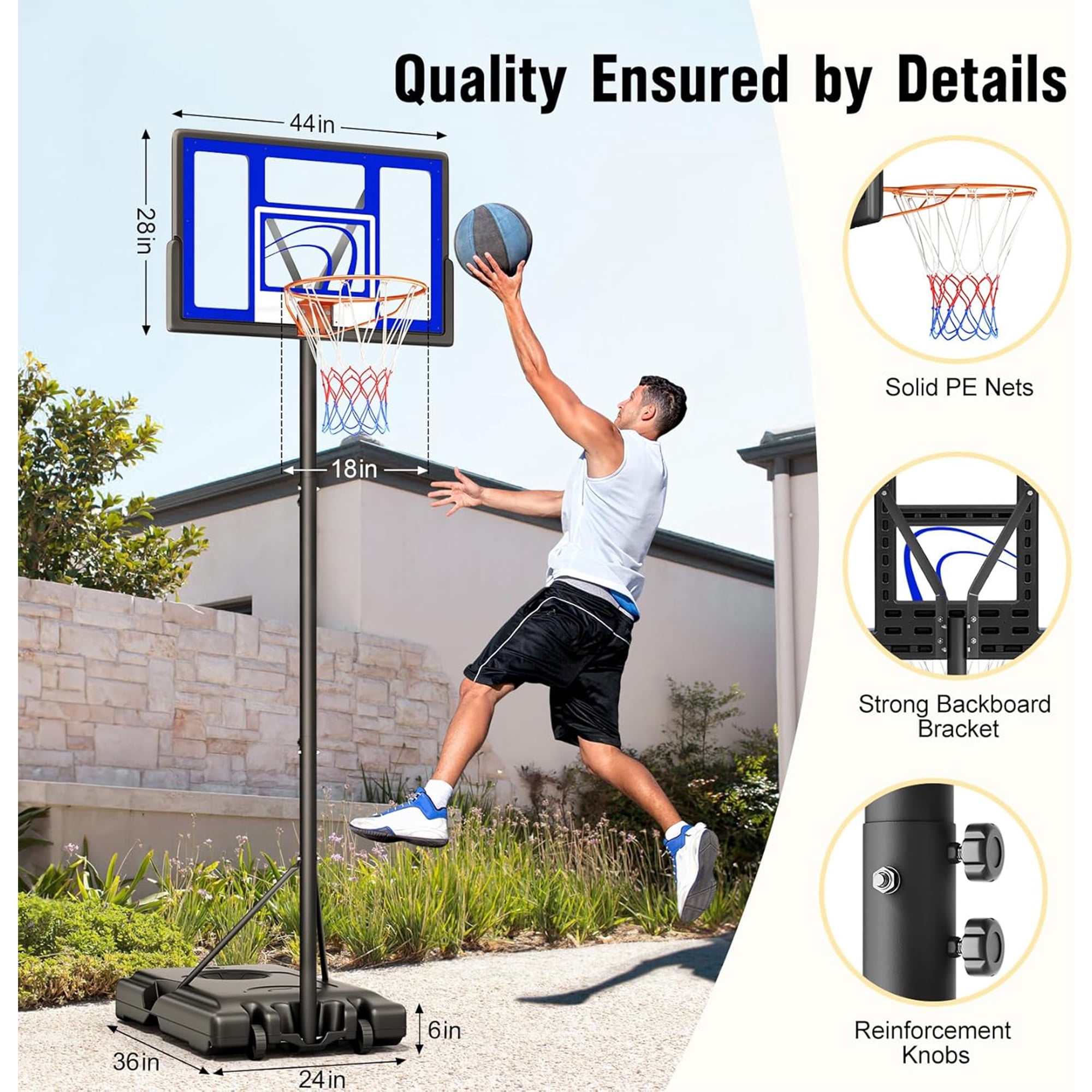 Toremore 44" Basketball Hoop Outdoor 4.43-10ft Adjustable, Portable Basketball Hoop Goal System with Shatterproof Backboard and Larger Base for Kids Youth and Adults, Blue