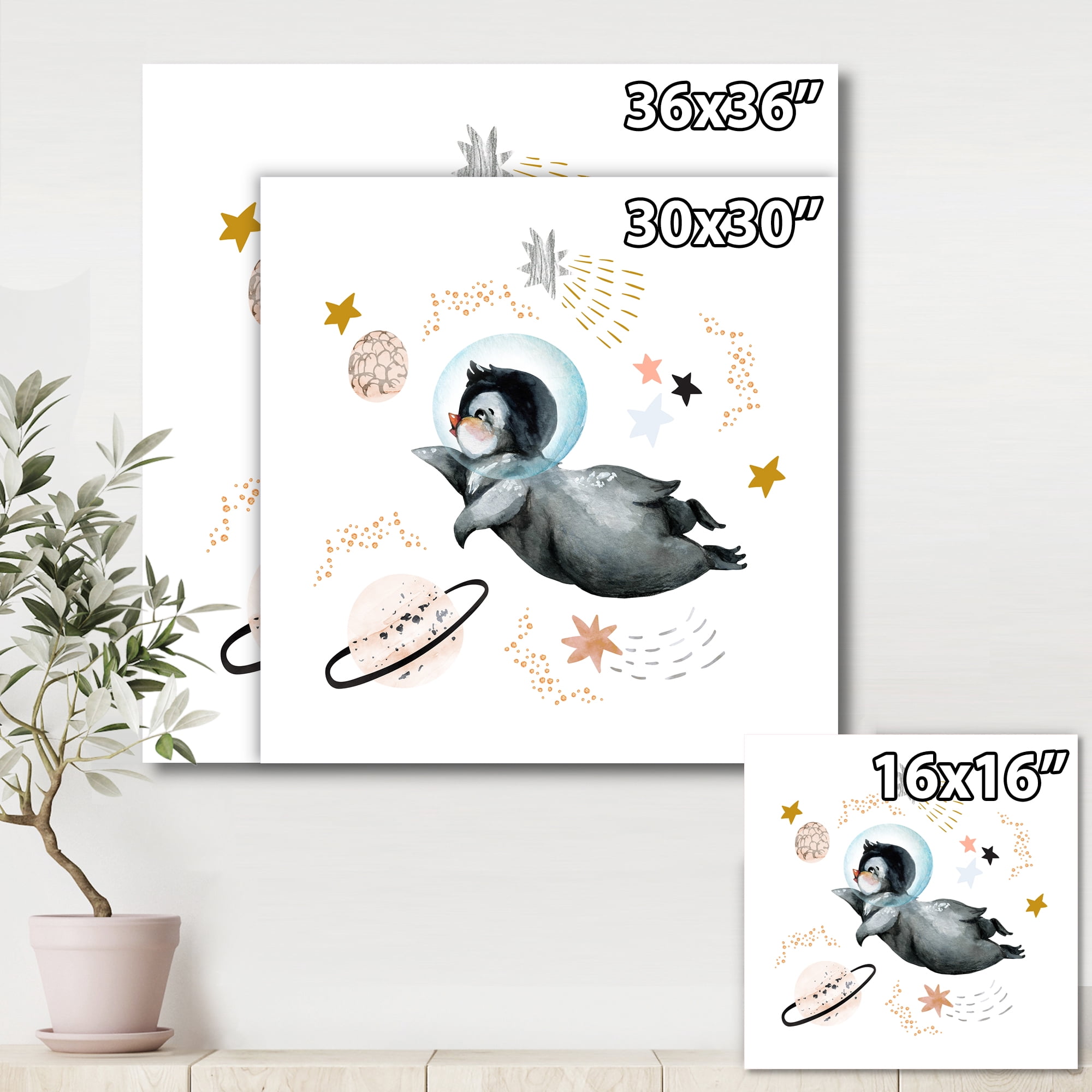 Designart ' Little Penguin Flying Planets and Stars II ' Farmhouse Canvas Wall Art Print
