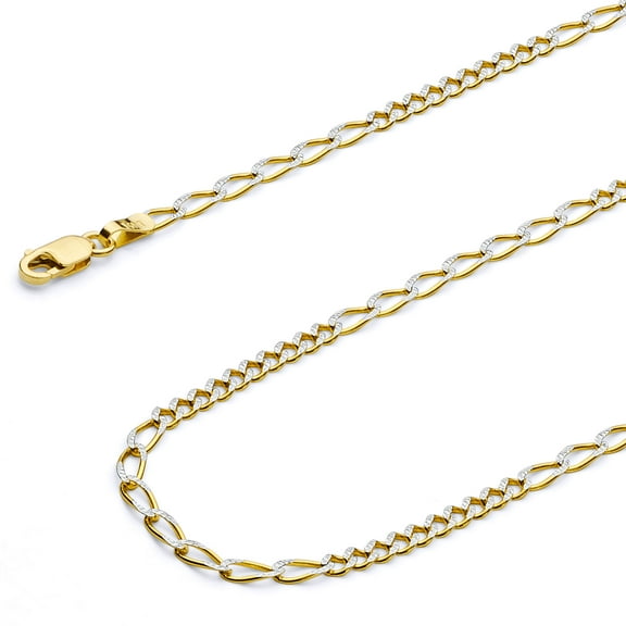 Wellingsale 14k Yellow Gold Polished Solid 2.5mm Figaro 10 7 White Pave Diamond Cut Chain Necklace - 22"