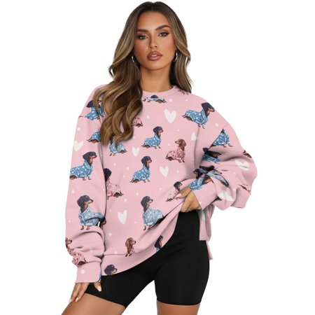 SCRAWLGOD Dachshund Heart Spot Pink Womens Pullover with Pockets Long Sleeve Round Neck Sweatshirts Fall Winter Casual Clothing Oversized Trendy Tops for Daily Wear XL
