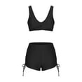 thumbnail image 3 of HAPIMO 2Pc Bikini Swimsuit Short Sleeve Bathing Suit Women's Summer V Neck Solid Beachwear Ruched Camisole with Boyshorts Swimwear Tropical Hawaii Hot Spring Beach Dress Black M, 3 of 4