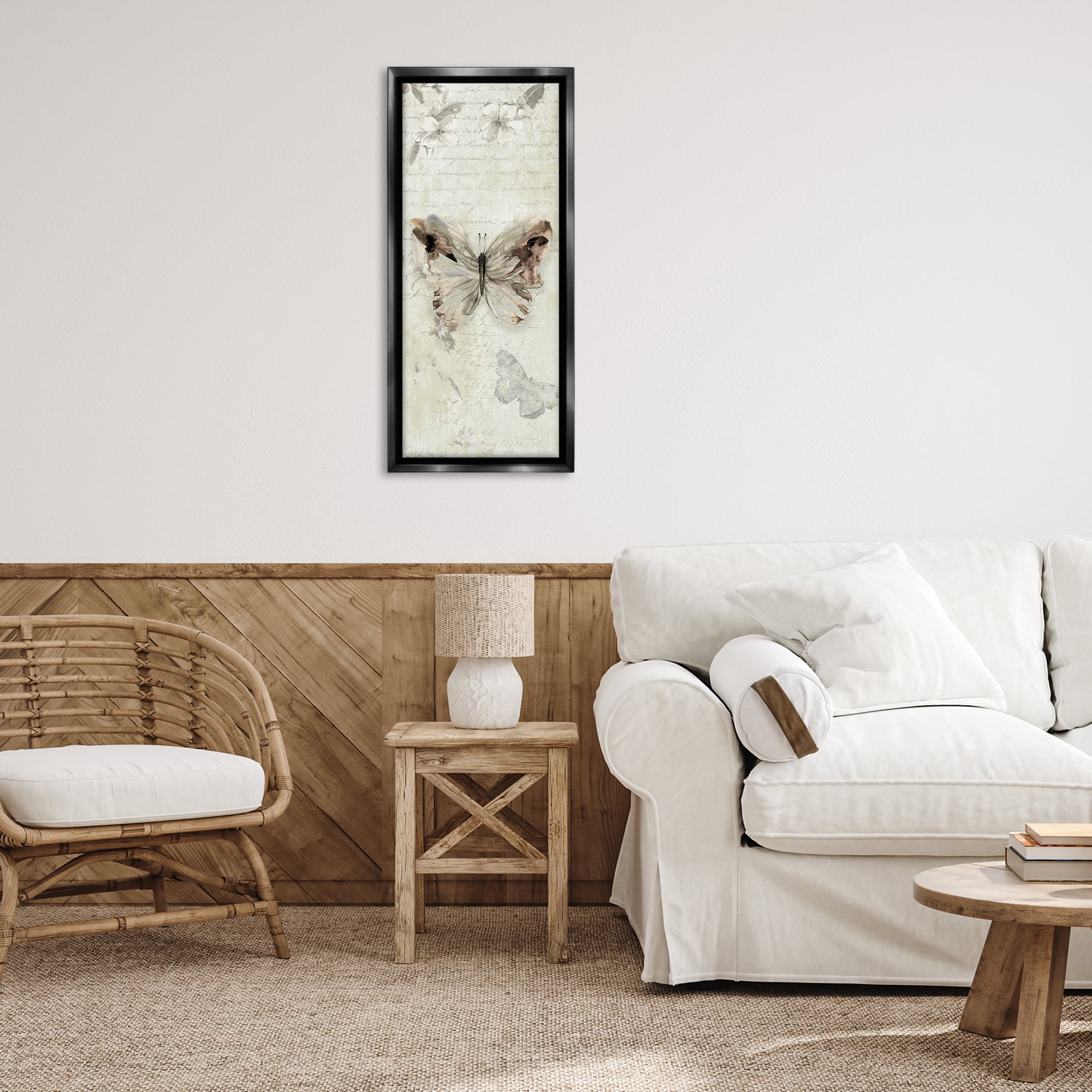 Stupell Industries Timeless Butterflies with Cursive Animals & Insects Painting Black Floater Framed Canvas Art Print Wall Art, 15 x 31