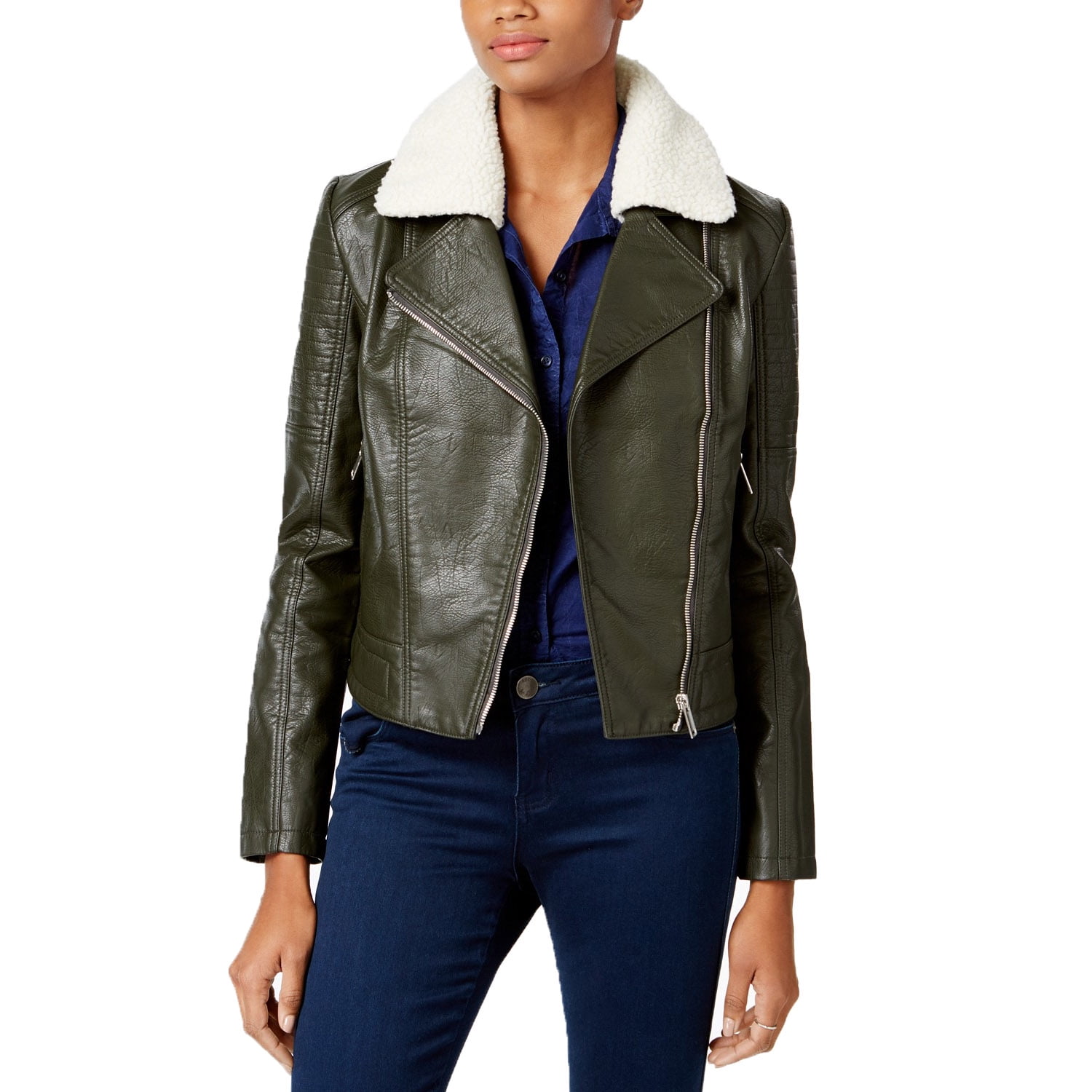Collection B Women S Mixed Media Faux Leather Moto Jacket Pesto X Small Walmart Com