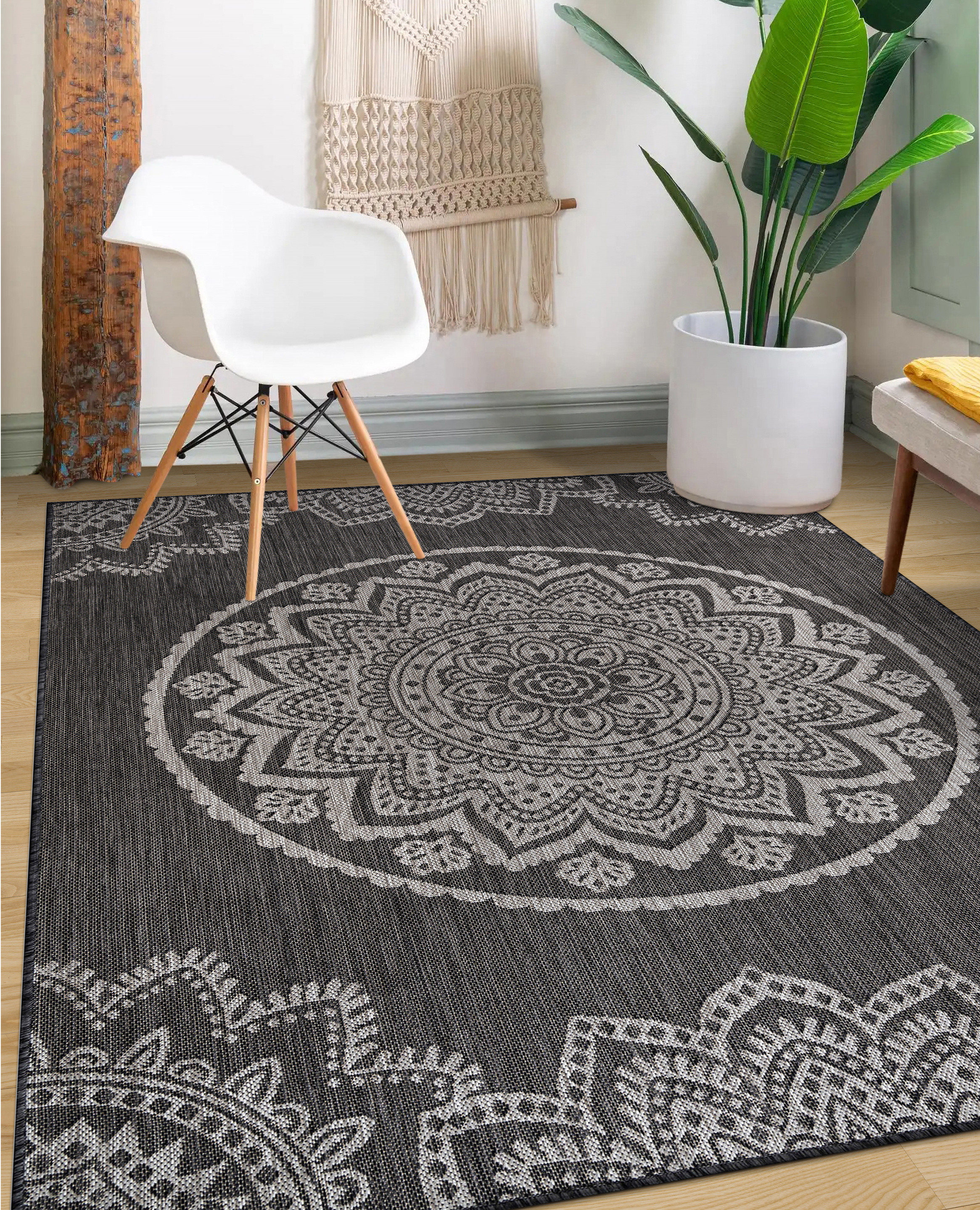 CAMILSON Indoor Outdoor Rug, 6' x 9' Dark Grey Medallion Area Rugs