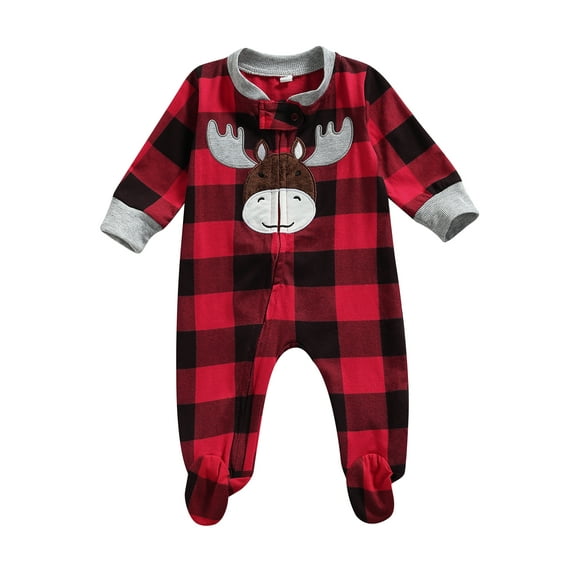 Douhoow Unisex Baby Christmas Romper Plaid Long Sleeve Zipper Cartoon Deer Footed Jumpsuit