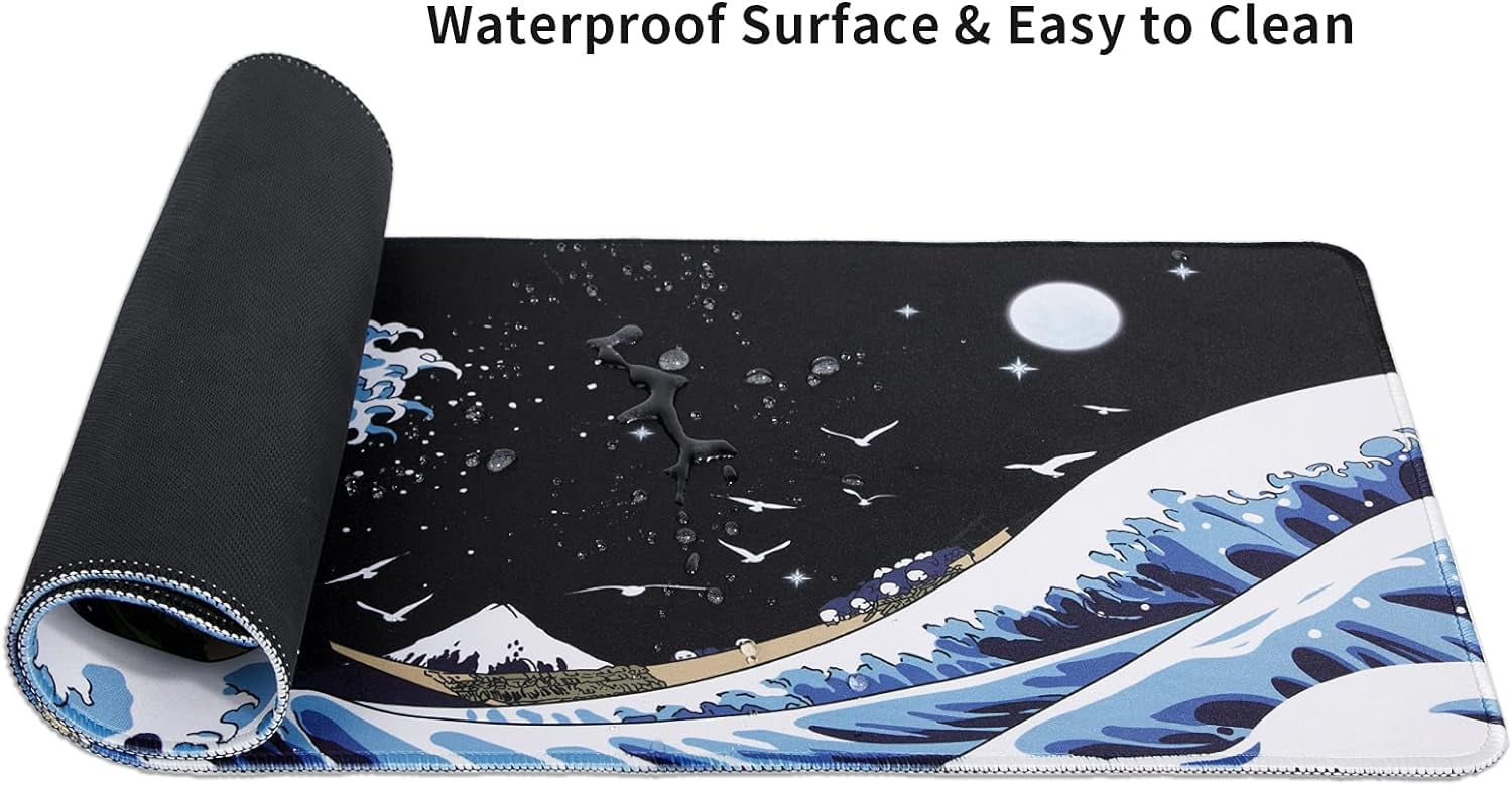 Gaming Laptop Mouse Pad,Sea Wave Big Mice Pads PC Keyboard Waterproof and Non-Slip 35.4 x 15.7" 0.12" Thick Thick XL,XXL Rubber Table Mat, Kanagawa Surfing and Black Japanese Mouse Pads