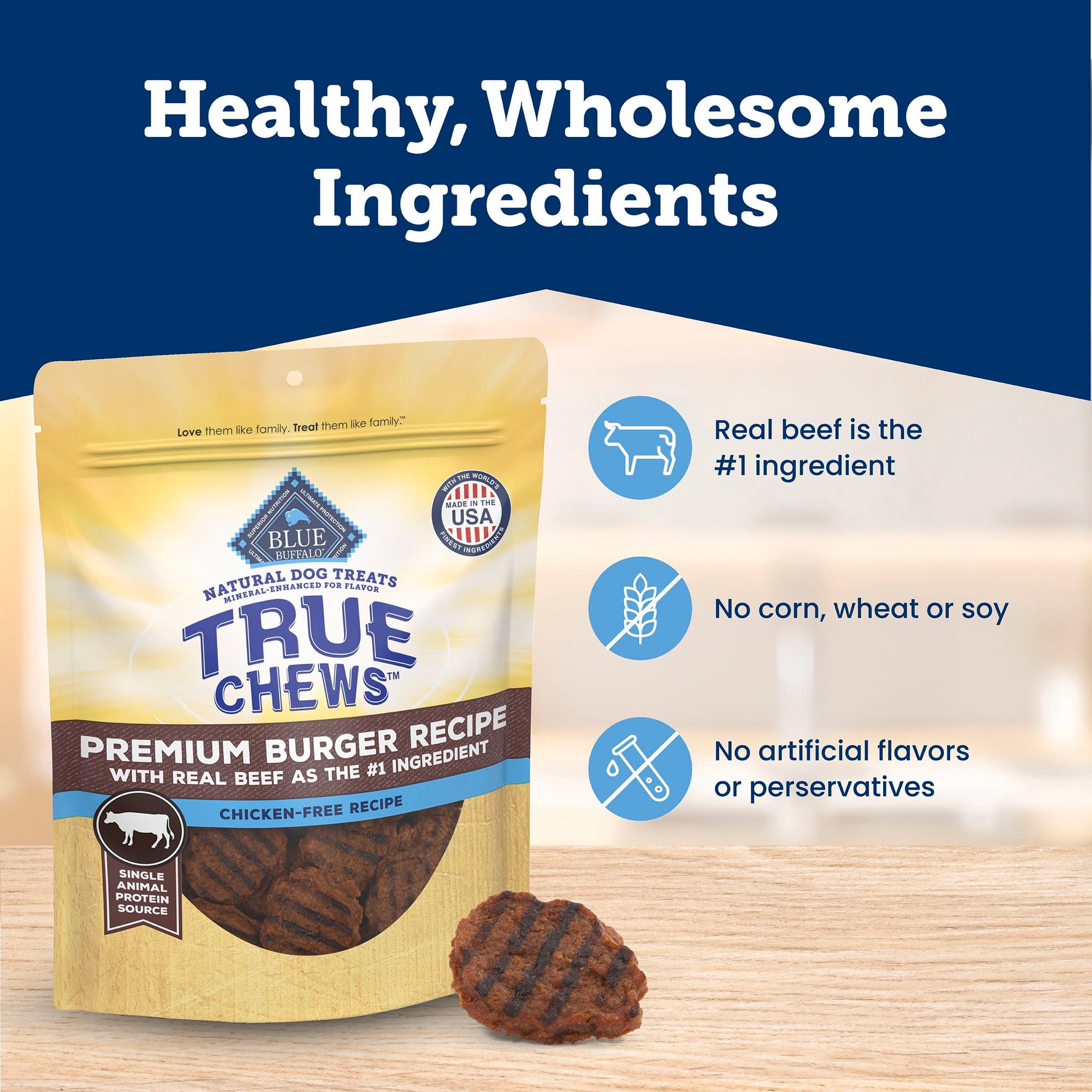 Blue Buffalo True Chews Chicken-Free Dog Treats, Premium Burger Recipe, 10oz.