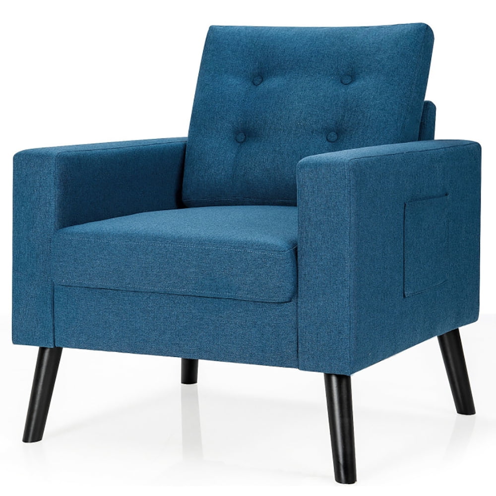 Finihen Upholstered Armchair Chair, Mid-Century Upholstered Armchair Club Chair with Rubber Wood Legs, for Living Room, Bedroom, Blue