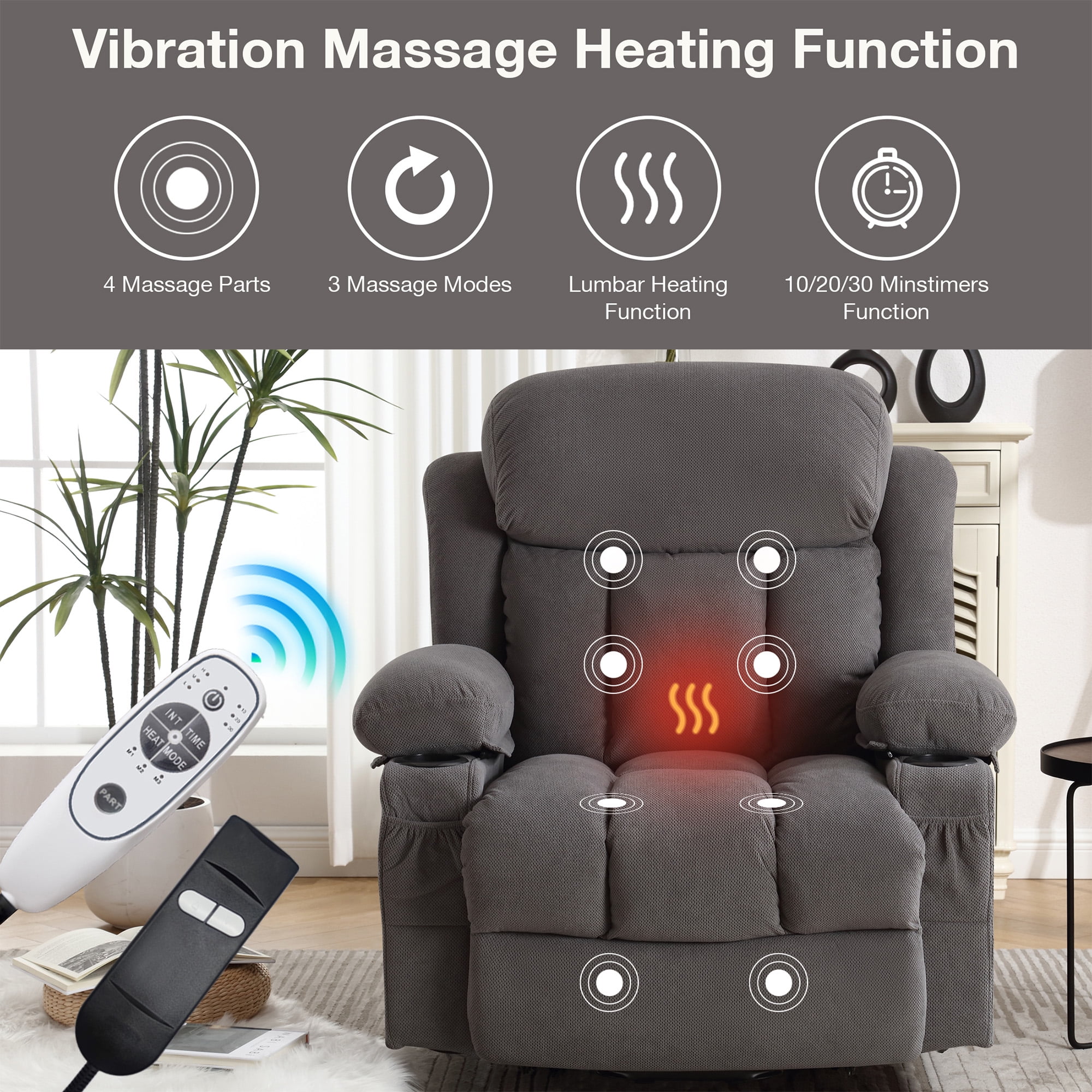 Electric Power Lift Recliner Chair with Heat, Massage, Side Pocket, USB Charge Port, Remote Control