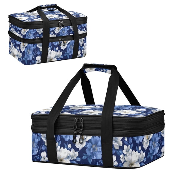Large Double Decker Insulated Casserole Carrier Expandable 2-Layer Thermal Food Tote Bag Navy Floral Whites Flowers Hot Cold Pizza Lasagna Holder for Potluck Picnic Party Camping
