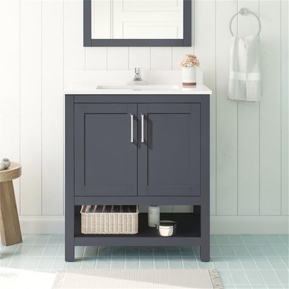 Pemberly Row 30" Bathroom Vanity in Dark Charcoal with White Countertop
