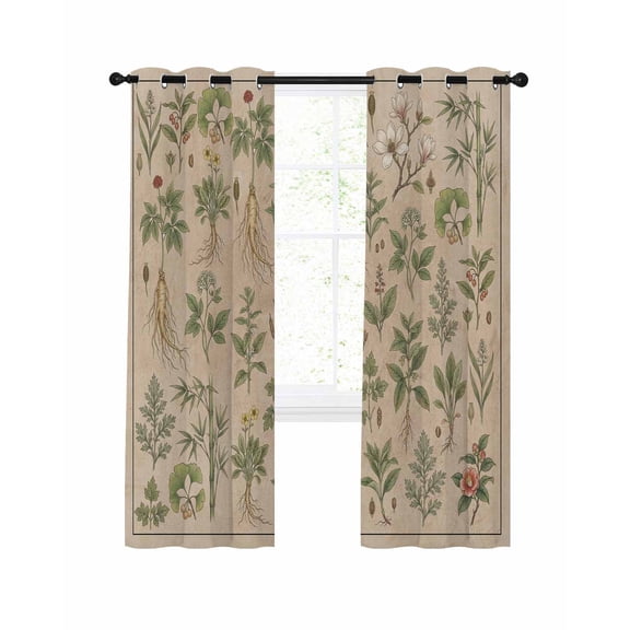 Vintage Botanical Blackout Curtains, Light Blocking Print Window Curtains, Country Herbs Leaves Plants Flowers Brown Thermal Insulated Window Drapes for Living Room 2 Panels, 84"W x 63"L