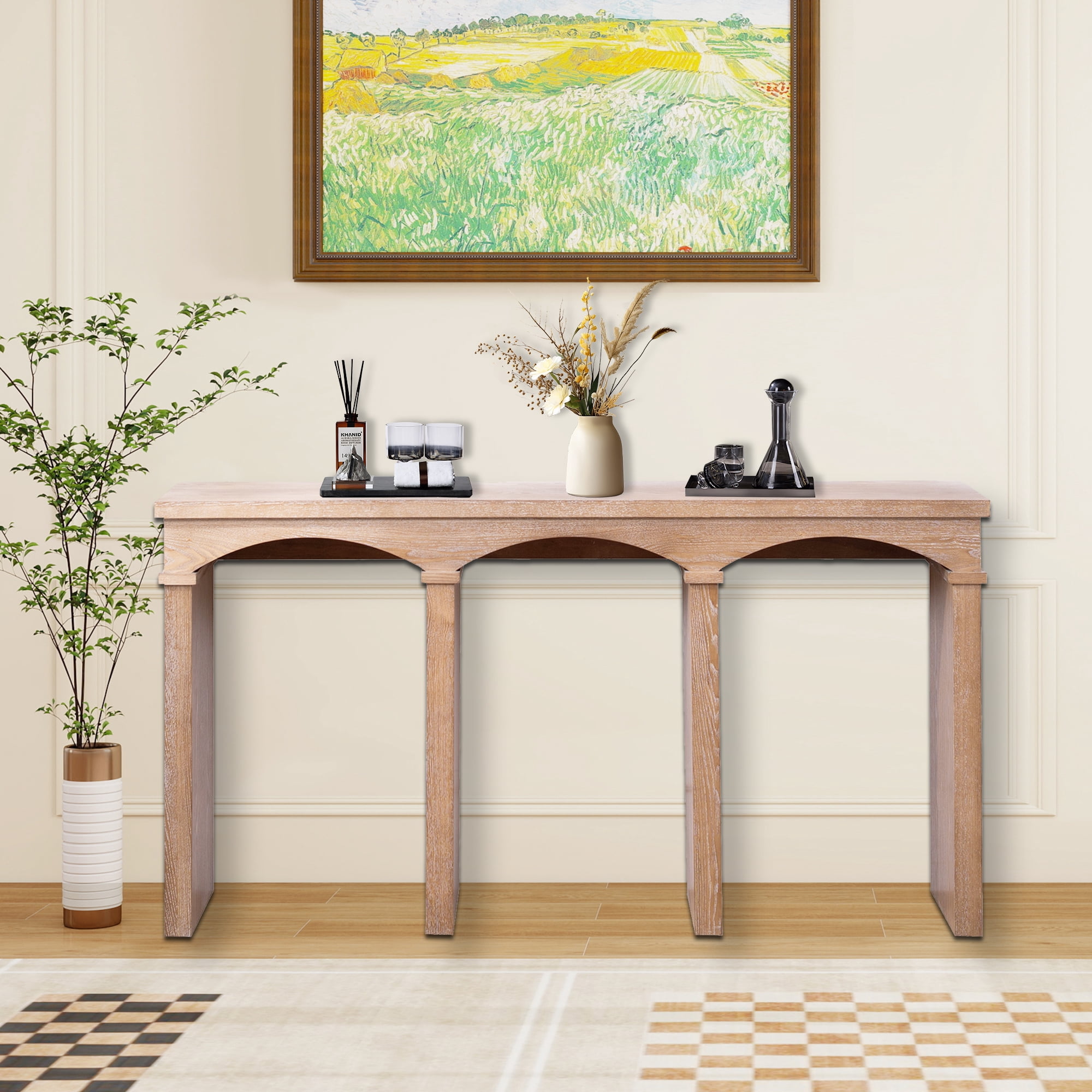 MDQMD 60'' Natural Wood Console Table with Arched Design,Rustic Mid Century Modern Entryway Table for Living Room,Foyer