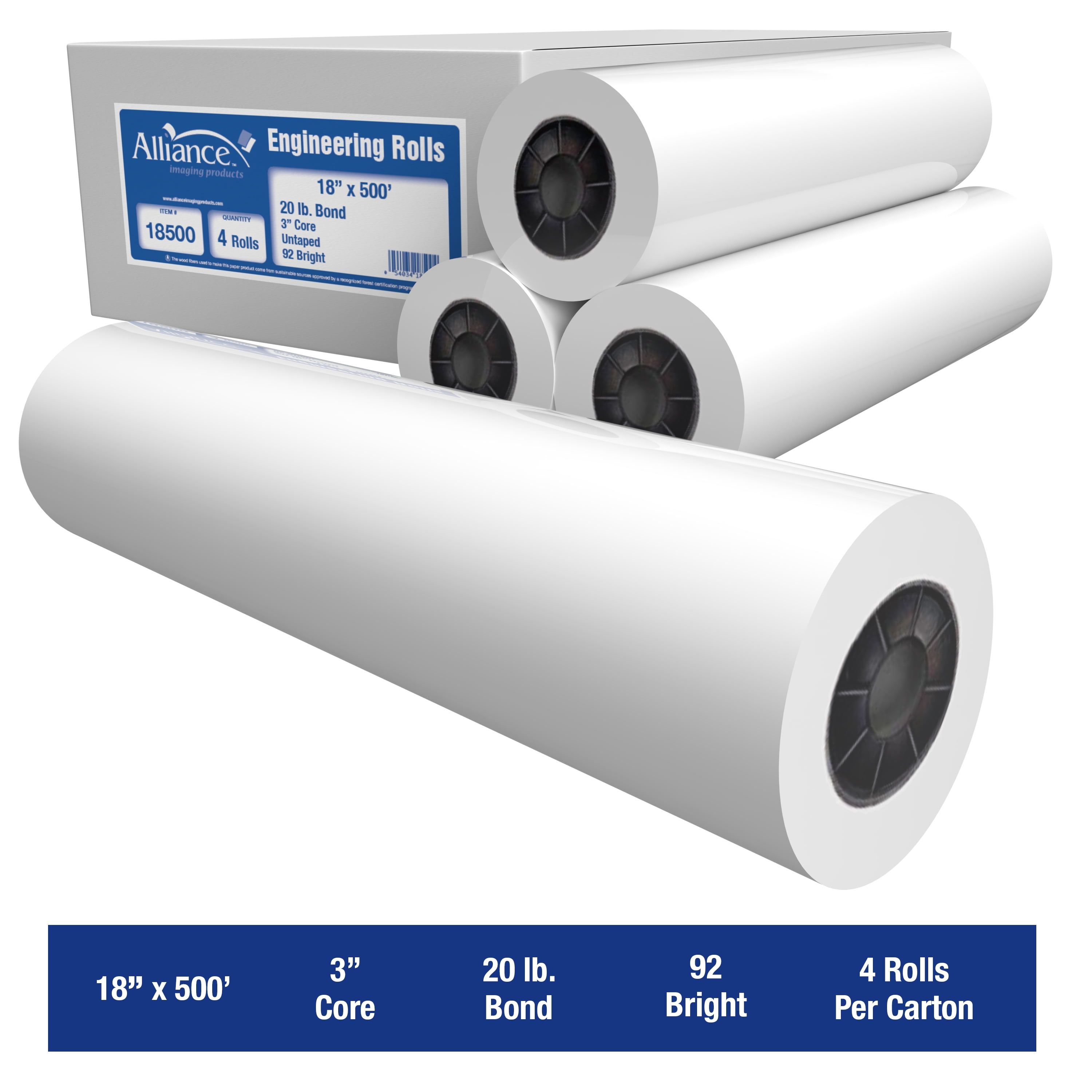 Alliance Wide Format Paper 18” x 500’ Bond Engineering 20lb | 92 Bright | 2 Rolls | 3” Core