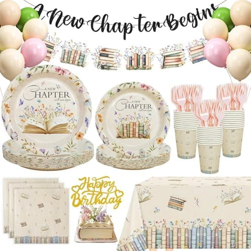 Book Birthday Party Decorations Plates Set, 153pcs A New Chapter Begins Plates Cups Napkins Forks Tablecloth Banner Cake Topper and Balloons for Book Themed Party Decor, 25 Guests$$