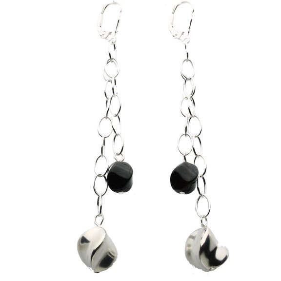 Sterling Silver Twist Beads Black Onyx Stone 2-Strand Dangle Earrings Italy