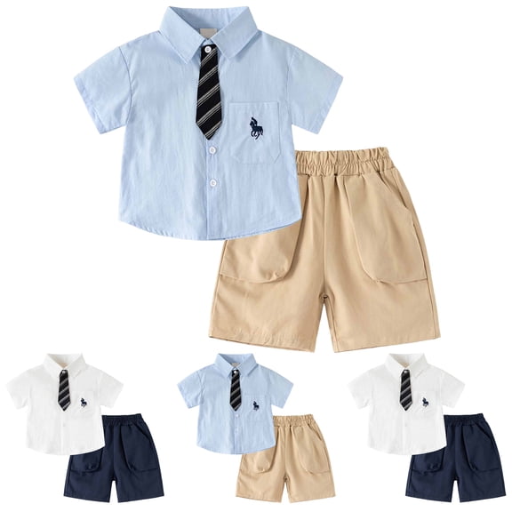 larppty Toddler Boy 2-Piece Formal Outfit – Short Sleeve Button Down Shirt with Tie & Shorts Set, Gentleman Style for Kids 2-7 Years（Blue， 5-6 Years）