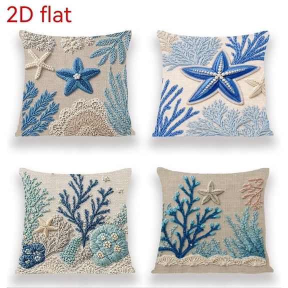 4PCS Coast Ocean Theme Throw Pillow Set, Starfish Coral Beach Style Home Decor, Nautical Coastal Throw Pillow Covers, Soft Velvet Cushion Covers for Outdoor Sofa Home Decor - Style E