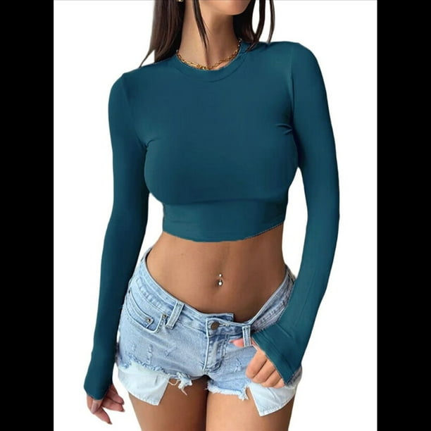Tops Cortos de Larga para Mujer 2025 - Camisetas Básicas de Cuello Redondo y Corte Entallado para Otoño Azul Marino XXL