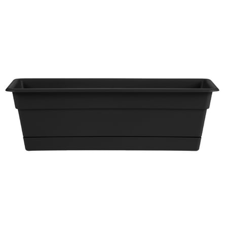 Bloem Dura Cotta Window Box Planter W/Tray 30 x 5.75 Plastic Rectangle Black DURA COTTA COLLECTION by Bloem: The Bloem Dura Cotta Rectangular Window Box Planter provides your plants with a healthy environment. Made with plastic  its construction enables long lasting utility. You can use this widow box in your garden to plant herbs  tomatoes  onions or peppers. The Dura Cotta Rectangular Window Box Planter by Bloem is rectangular in shape and allows excessive water to drain. Includes attached drainage tray. It is from the Dura Cotta collection and keeps your plants fresh. This window box is designed for maximum usage and is perfect for outdoor spaces. Color Black Shape Rectangle Material Plastic Resin. High-Density Polyethylene (HDPE) #2 & Polypropylene (PP) #5.