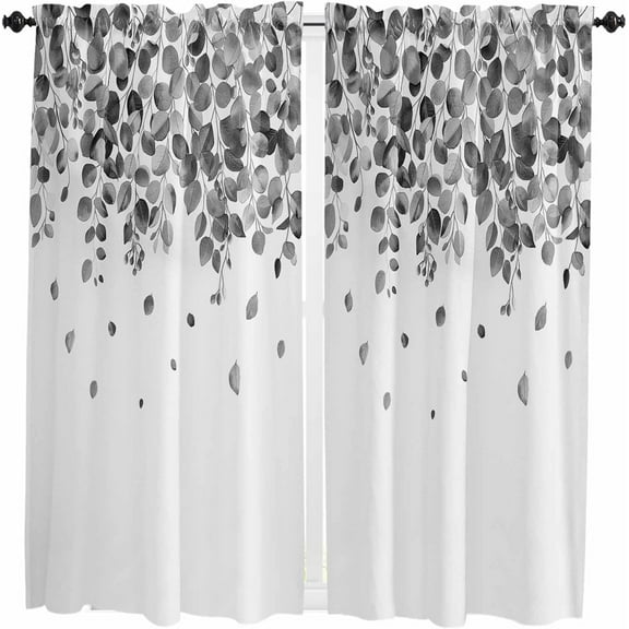 Eucalyptus Black Kitchen Curtain 2 Panels Curtains 63 Inch Length, Curtains Rod Pocket Curtains Window Drapes Treatment Window Cafe Curtains Watercolor Spring Botanical Leaves White 42x63