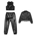 thumbnail image 3 of Alvivi 3Pcs Girls Hip Hop Clothes Set Performance Costumes Metallic Bomber Jacket Crop Top with Pants Set Black 6, 3 of 5
