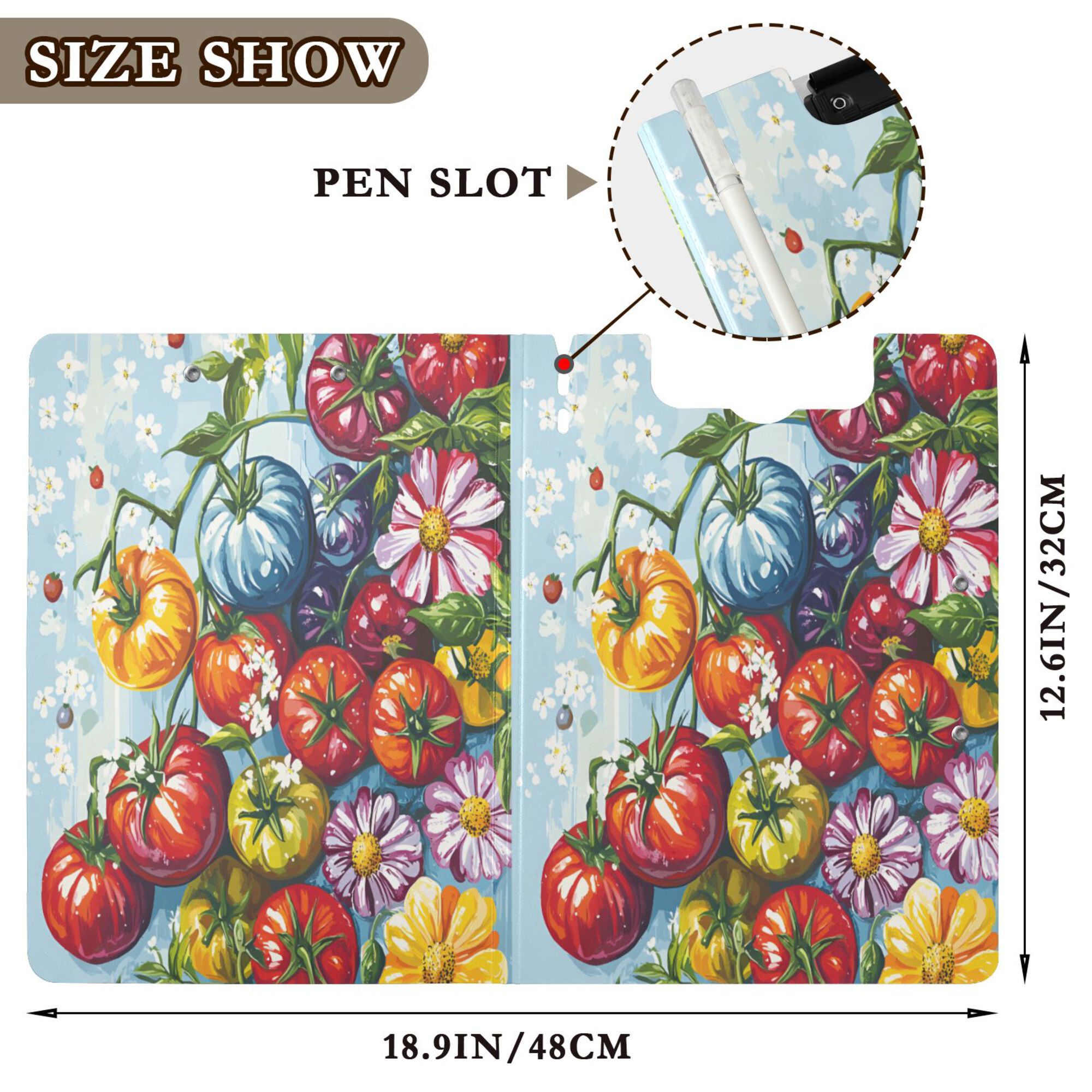 FORMRS A4 Clipboard Folder with Pen Holder Horizontal Foldable School Office Binder, Blue Floral Tomatoes