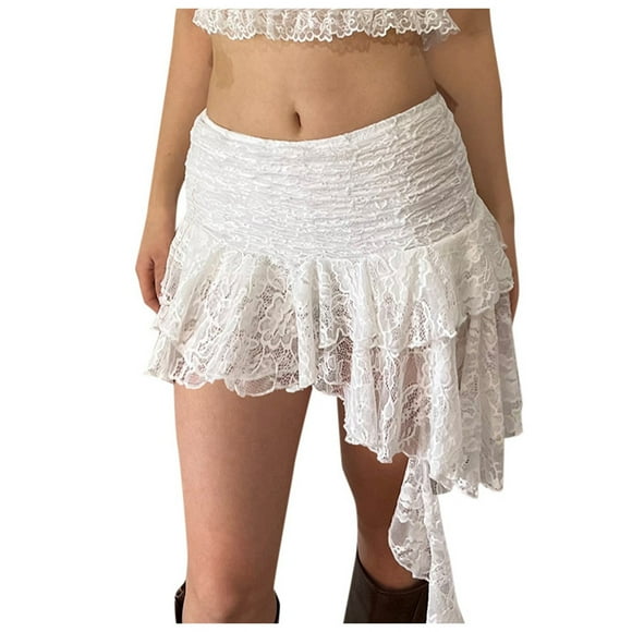 Fgnfyis Ladies Fashion Casual Ballet Style Solid Color Irregular Wave Hem High Waist Lace Skirt Women's Skirts White L