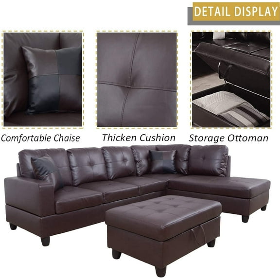 Ponliving Furniture Faux Leather Sectional Set, Living Room L-Shaped Modern Sofa Set, with Storage Ottoman and Matching Pillows, Right Facing Brown