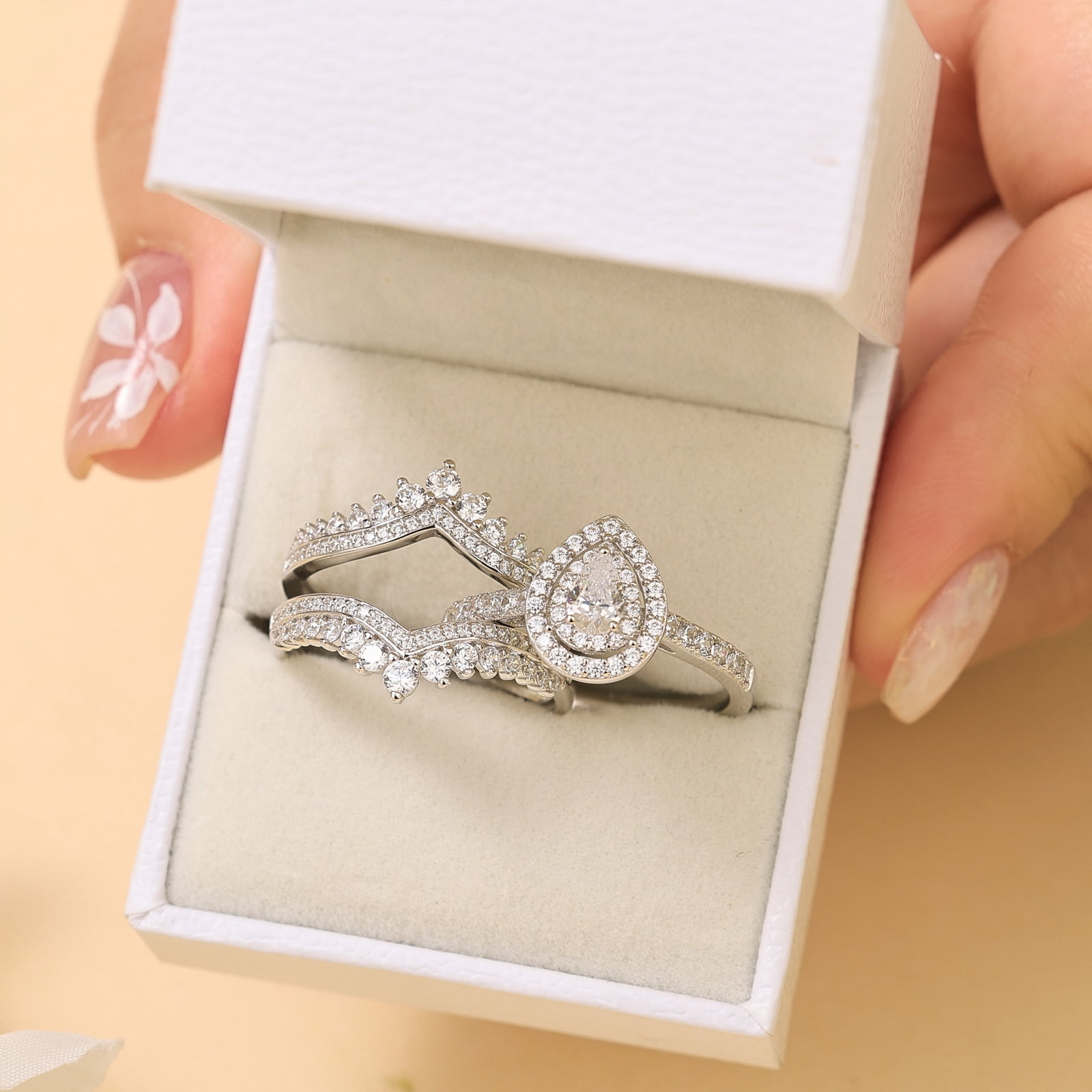Newshe Jewellery 3 Ct Moissanite Wedding Rings Set Pear Cut Engagement Rings for her Bridal Ring Enhancer Size 7