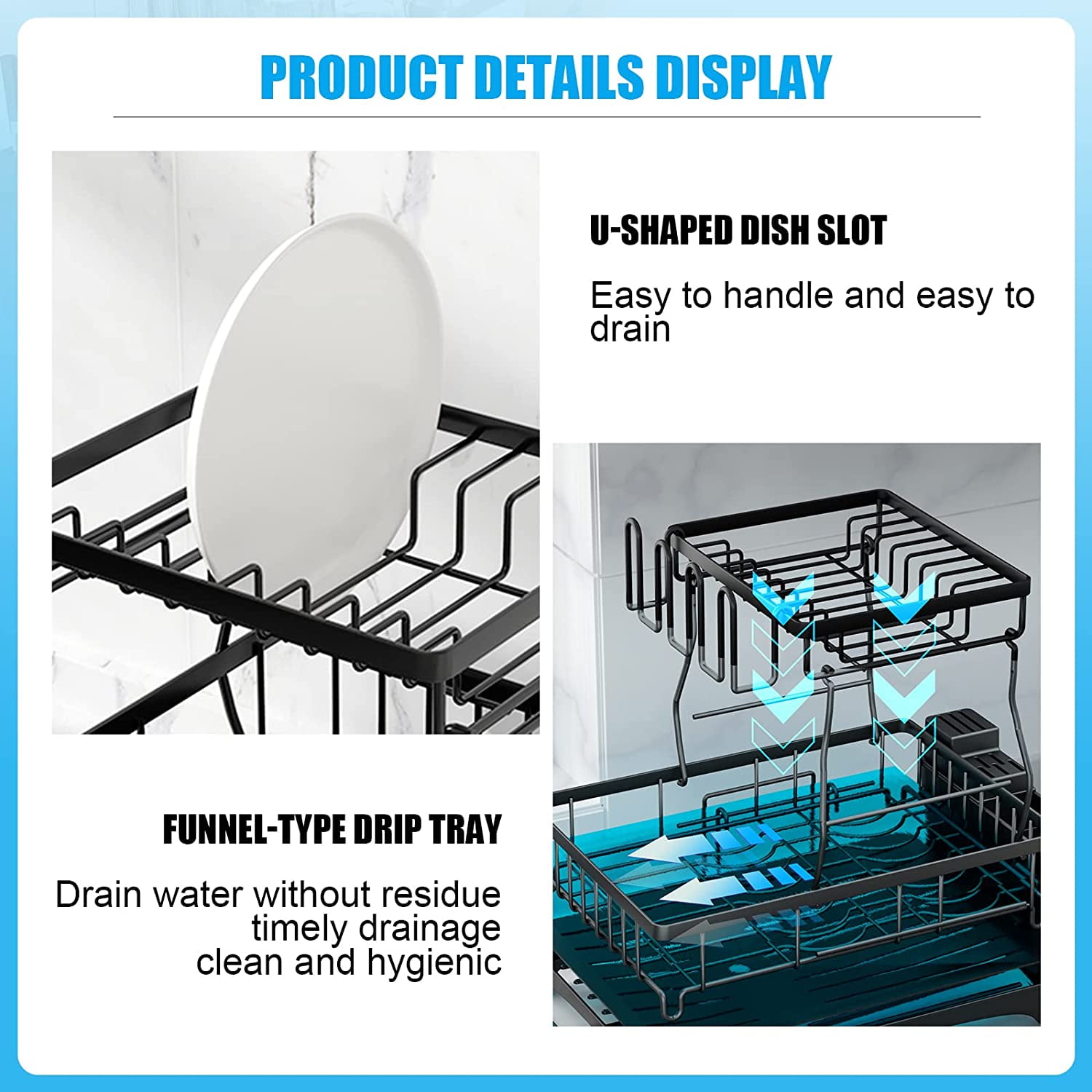 Large Dish Drying Rack, 2-Tier Dish Racks for Kitchen Counter, Detachable Large Capacity Dish Drainer Organizer with Utensil Holder, Dish Drying Rack with Drain Board, Black