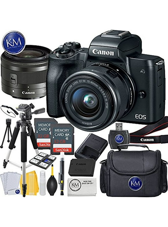 Canon EOS M50 Mirrorless Camera w/15-45mm (Black) + 2 x 32GB + K&M Essential Photo Bundle