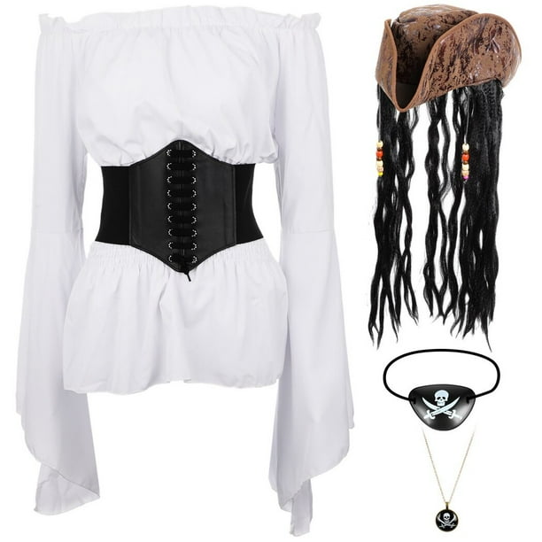 Disfraz de Pirata para Mujer de 5 Piezas Blusa Medieval con Hombros Descubiertos y cinturon de corse Collar con Parche en el Ojo con Sombrero de Pirata Disfraz de Camisa Renacentista para