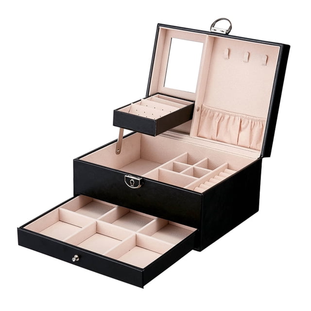 Joyero multifuncional Caja de almacenamiento de joyería de cuero de PU Organizador de gran capa Carevas Organizador de almacenamiento