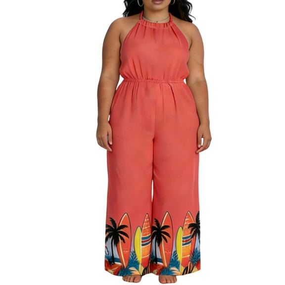 Stamzod Women's Plus Size Jumpsuit Halter Beach Vacation Overalls One Piece Sleeveless Wide Leg Long Pant Rompers with Pockets Watermelon Red L