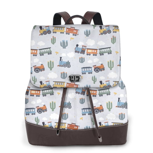 Balery Trains And Cactuse Mochila de Cuero para Mujeres, Gran Capacidad, Bolsa de Viaje Multifuncional, Mochila de Cuero y Bolsa de Hombro para Mujeres