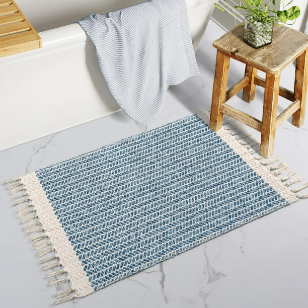 Alfombra de baño Lahome Boho de algodón tejido Farmhouse Blue, 60 x 90 cm