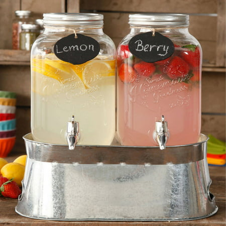 The Pioneer Woman Simple Homemade Goodness Double 1-Gallon Twin Set Drink Dispenser with Ice Bucket, 2 Mini Chalk Boards and Chalk Pencil
