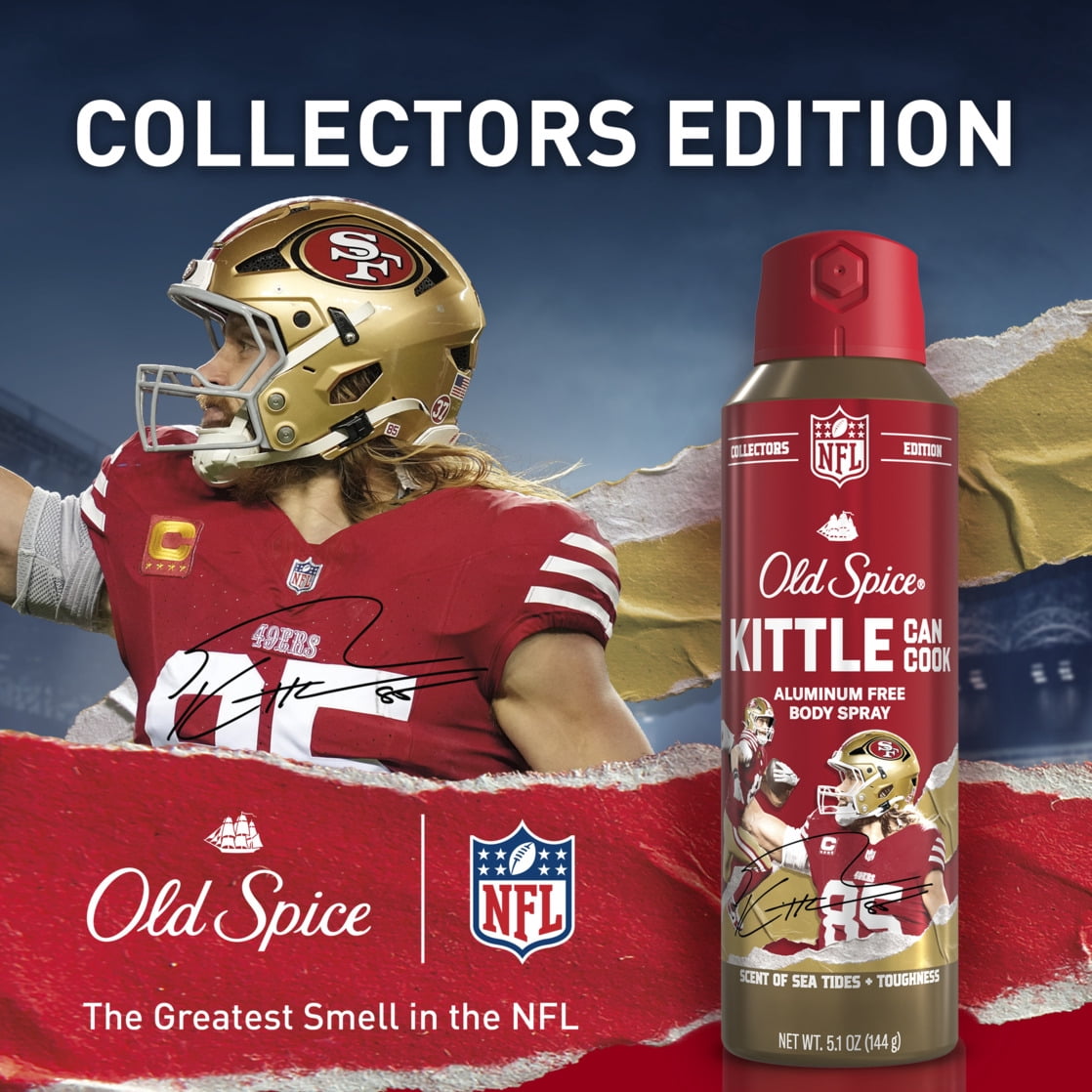Old Spice Men's Aluminum Free Deodorant Body Spray, NFL Collection, George Kittle Can Cook, Sea Tides + Toughness, 5.1oz